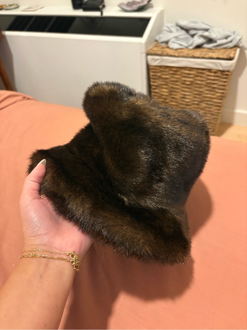 Faux Fur Bucket Hat in Rich Brown